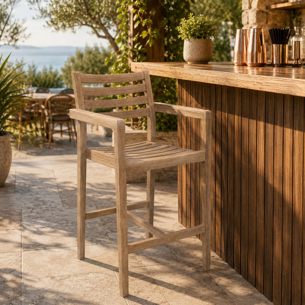Outdoor Wooden Bar Chair with Armrests – Natural Wood Garden & Patio Bar Stool