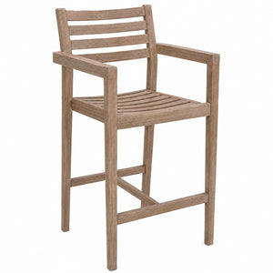 Migros outdoor solid wood bar chair with armrests and slatted seat on a white background.