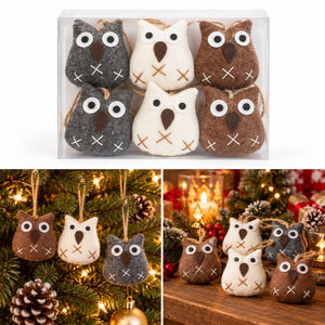 Six felt owl ornaments in gray, cream, and brown, packaged in a clear plastic box at the top, with three lifestyle photos below showing them hanging on a Christmas tree and displayed on a wooden surface with warm holiday lights.