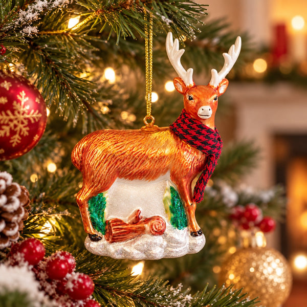 A Christmas ornament shaped like a golden-brown deer with white antlers, wearing a red and black checkered scarf and standing on a snowy base, hanging on a decorated Christmas tree with warm lights.