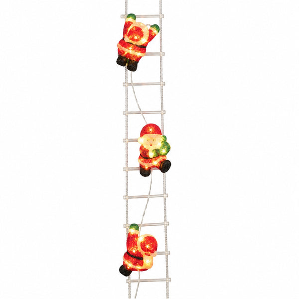 Three Santa Claus figures climbing a white ladder, lit with warm red, green, and yellow lights, shown against a plain white background.