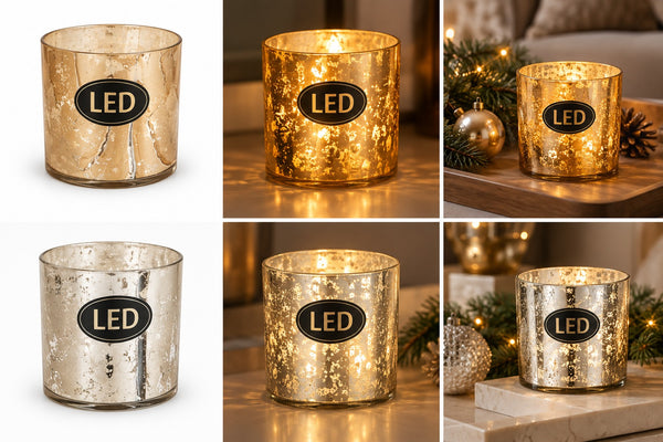 Migros Silver/Gold LED glass lantern displayed in a festive Christmas setting