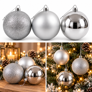 Three silver Christmas ball ornaments in different finishes are shown in a collage: two on a white background and two hanging on a decorated Christmas tree with warm lights and pinecones.