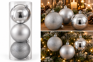 Three silver Christmas ornaments shown in a collage: one stacked inside a clear cylindrical container on the left, and two close-up scenes on the right showing the ornaments resting on a wooden surface and hanging on a decorated Christmas tree with warm lights.