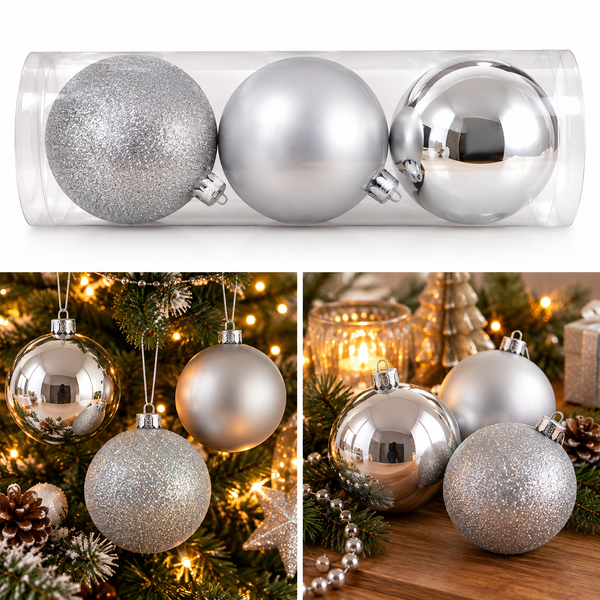 Three silver Christmas ornaments in a clear cylindrical plastic container, shown above a collage of the same ornaments hanging on a Christmas tree and displayed on a wooden surface.