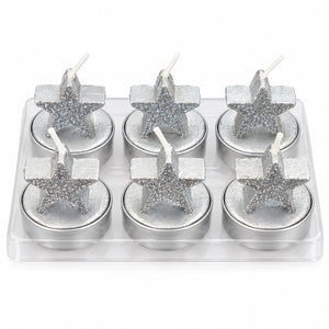 igros set of 6 silver star Christmas candles on white background
