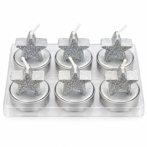 igros set of 6 silver star Christmas candles on white background
