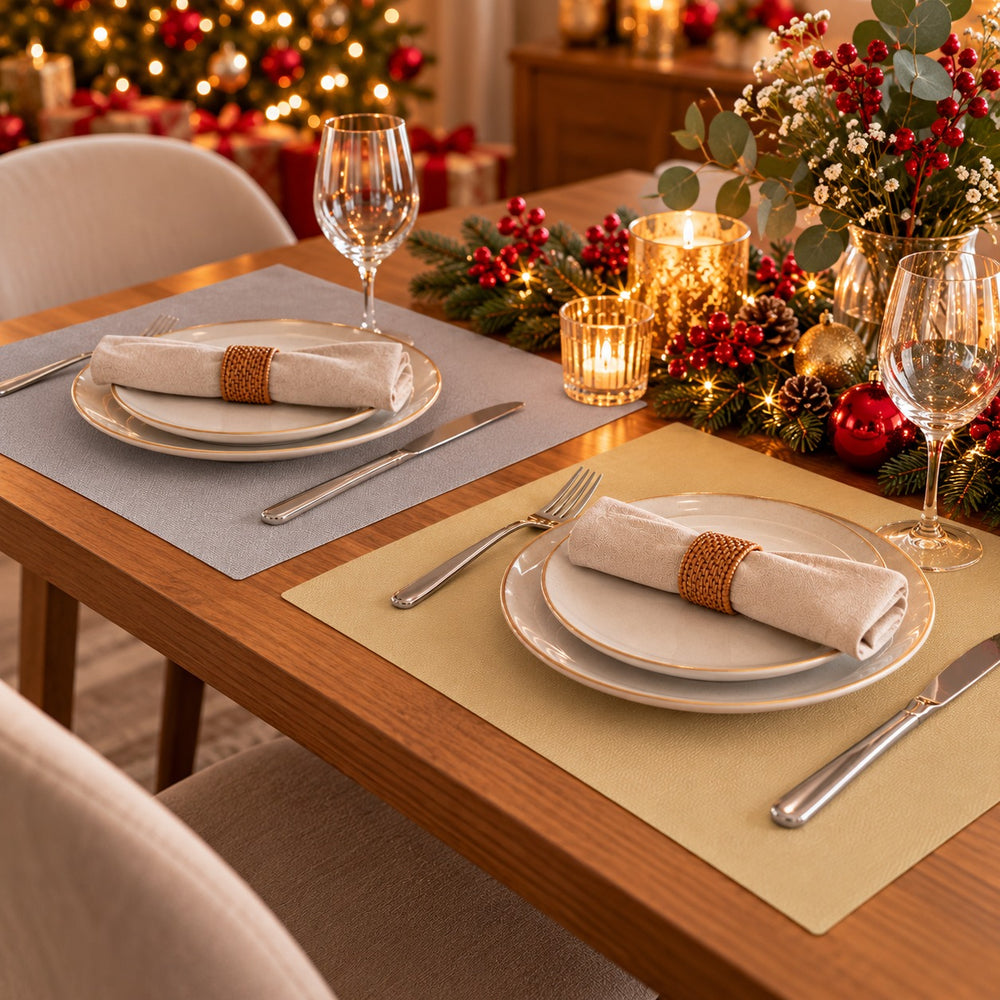 A beautifully set dining table for two during the holiday season, featuring beige placemats, white plates, silver cutlery, wine glasses, and napkins wrapped in a brown band, surrounded by festive greenery, red berries, and warm candlelight.