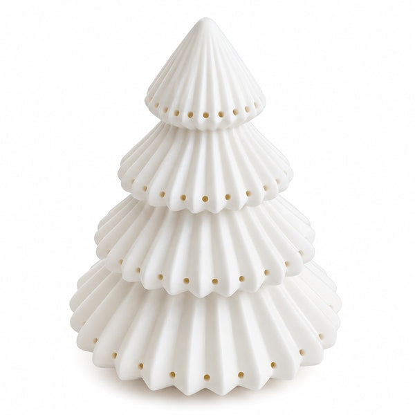 A white ceramic Christmas tree-shaped candle holder with tiered, scalloped edges and small perforations, shown on a clean white background.