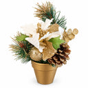 A festive artificial holiday floral arrangement in a small gold pot, featuring white poinsettia-like flowers, green pine needles, brown pinecones, glittery gold ornaments and textured gold accents, on a white background.