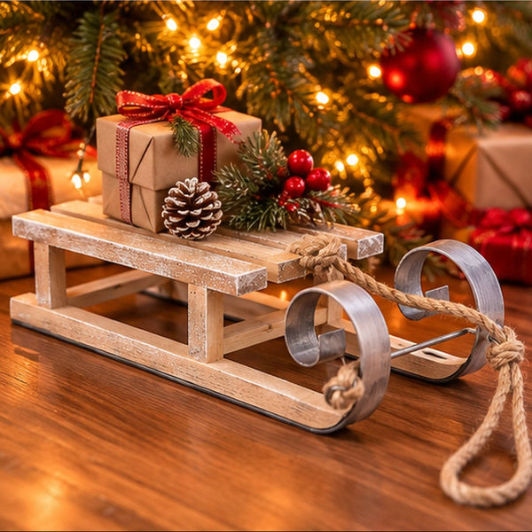 A rustic wooden Christmas sled decoration with metal pull loops and a rope handle, styled on a wooden surface with a wrapped gift box, pinecone, and evergreen branches in front of a glowing Christmas tree.