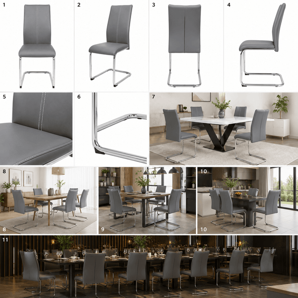 Modern Grey Cantilever Dining Chair | Upholstered Dining Chair with Chrome Frame