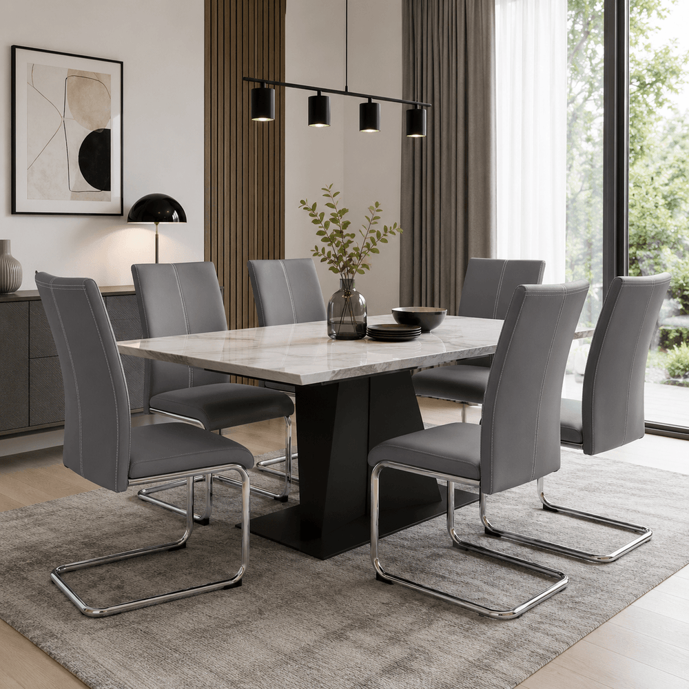 Modern Grey Cantilever Dining Chair | Upholstered Dining Chair with Chrome Frame