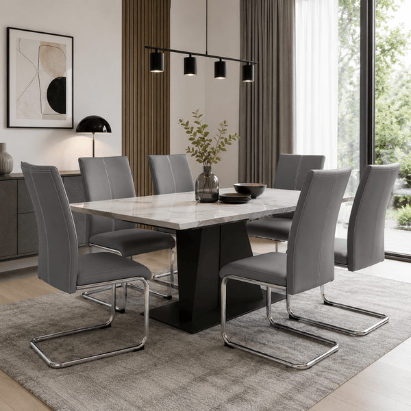 Modern Grey Cantilever Dining Chair | Upholstered Dining Chair with Chrome Frame