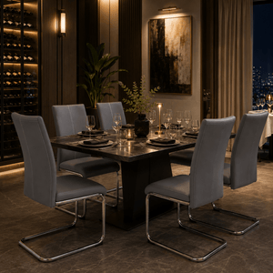 Modern Grey Cantilever Dining Chair | Upholstered Dining Chair with Chrome Frame