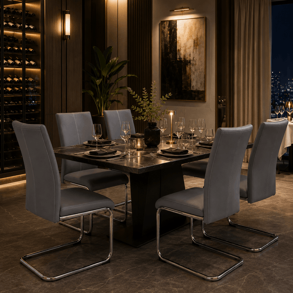 Modern Grey Cantilever Dining Chair | Upholstered Dining Chair with Chrome Frame