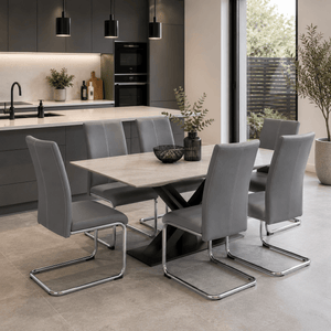 Modern Grey Cantilever Dining Chair | Upholstered Dining Chair with Chrome Frame
