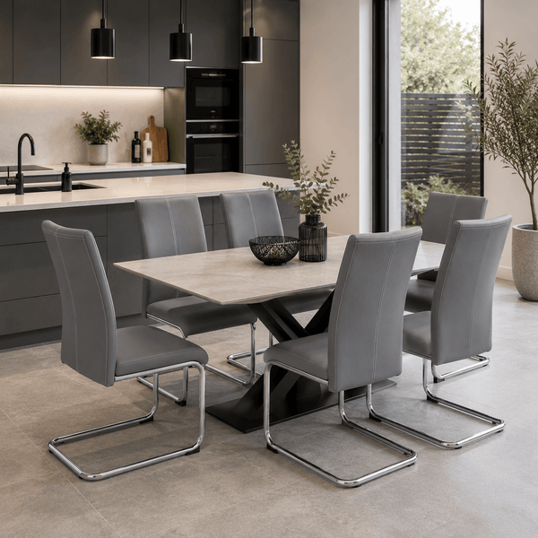 Modern Grey Cantilever Dining Chair | Upholstered Dining Chair with Chrome Frame