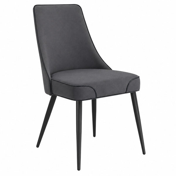 Modern grey upholstered dining chair with black metal legs on a white background.