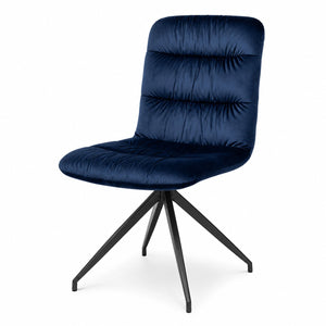 45-degree view of a navy blue velvet upholstered dining chair on a white background