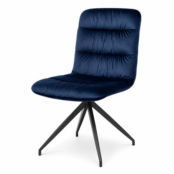 45-degree view of a navy blue velvet upholstered dining chair on a white background