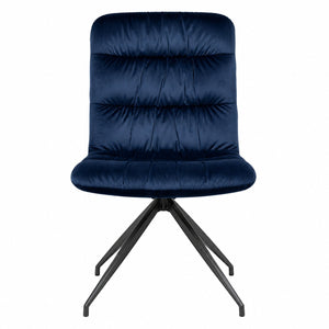 45-degree view of a navy blue velvet upholstered dining chair on a white background