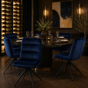 Luxury private dining room with elegant navy velvet swivel dining chairs.