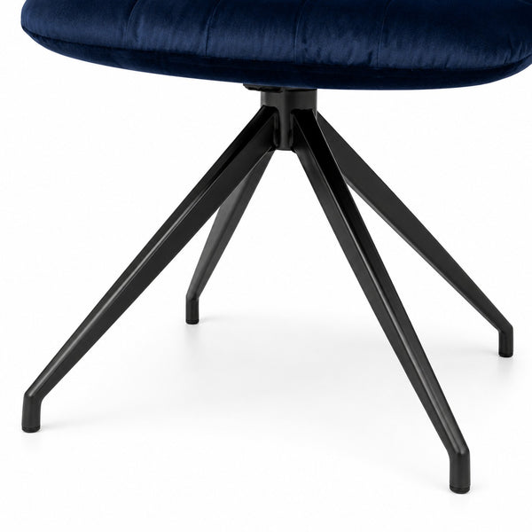 Front view of a modern navy blue velvet swivel dining chair with black metal spider base.