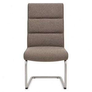 Front view of a modern taupe cantilever dining chair on a white background.