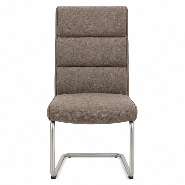 Front view of a modern taupe cantilever dining chair on a white background.