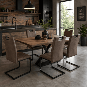 Industrial-style kitchen dining area furnished with taupe cantilever dining chairs.