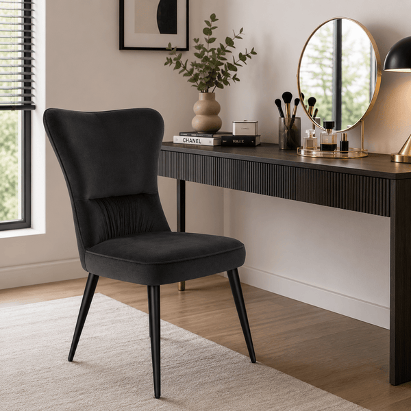 Modern velvet dining chairs in a contemporary bed room.