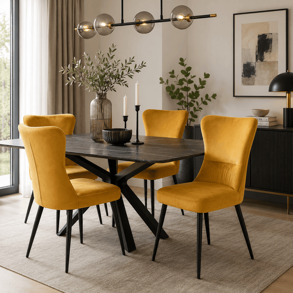 Modern velvet dining chairs in a contemporary dining room.