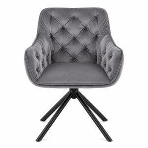 Front view of the modern velvet swivel dining chair in grey on a white background
