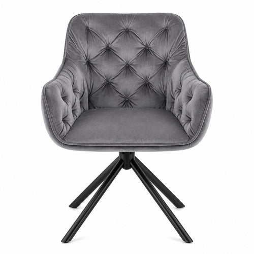 Front view of the modern velvet swivel dining chair in grey on a white background