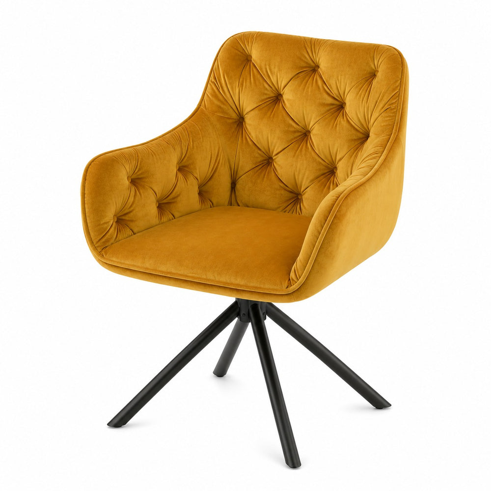 Mustard and grey velvet swivel dining chairs displayed together around a contemporary dining table.