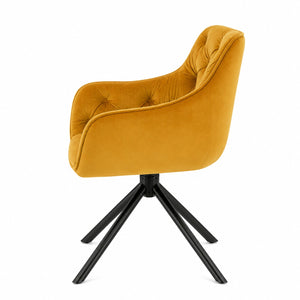 Side profile of the upholstered swivel dining armchair.