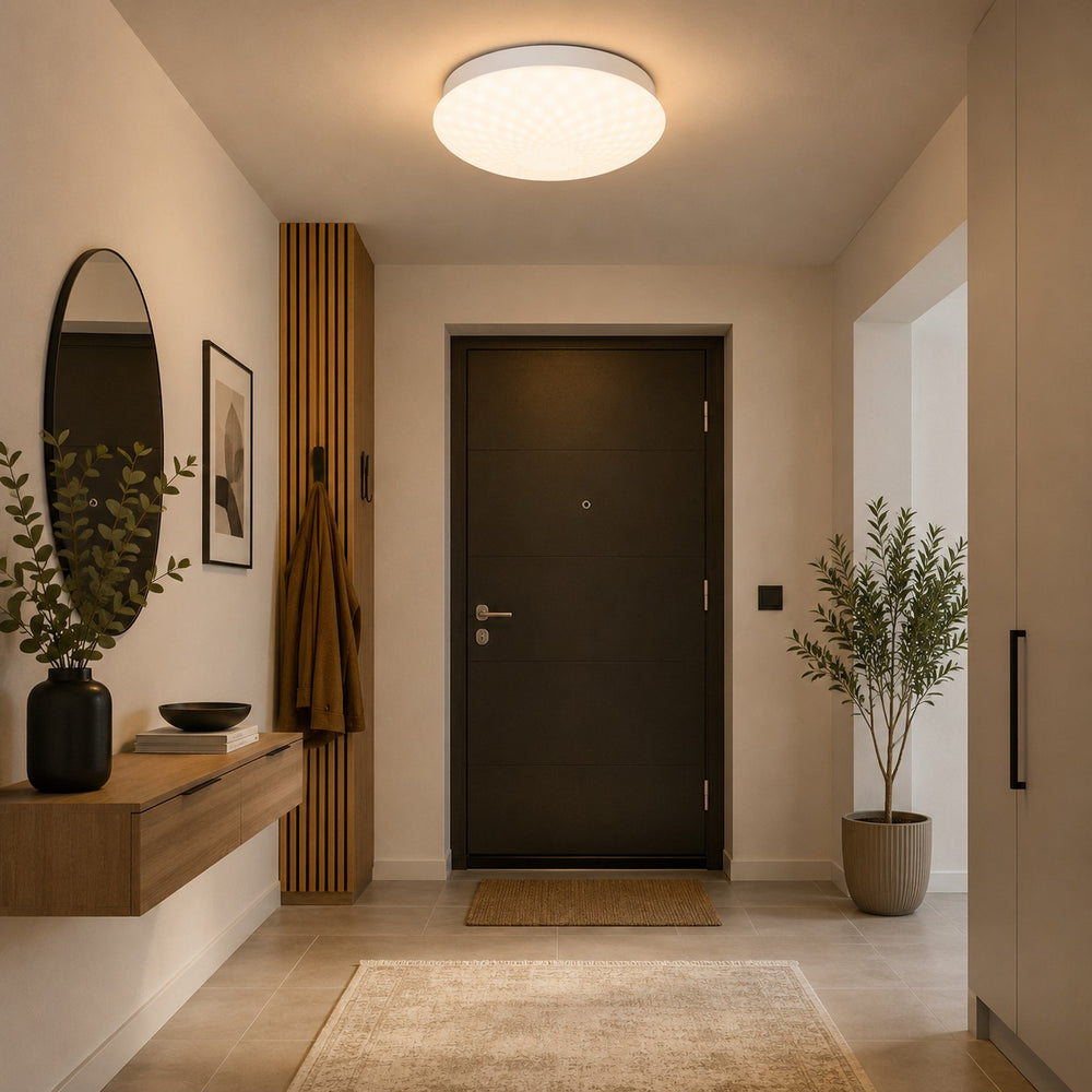 Modern white flush mount ceiling light with a textured dome diffuser installed in a contemporary entryway, providing soft, even illumination for the entrance hall.