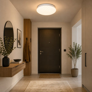 Modern white flush mount ceiling light with a textured dome diffuser installed in a contemporary entryway, providing soft, even illumination for the entrance hall.