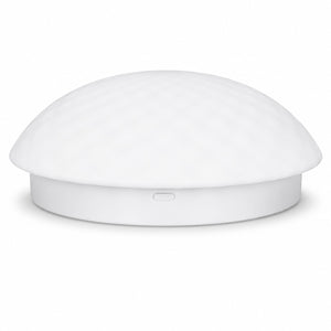 Close-up of a modern white dome ceiling light illuminated with soft, even lighting.