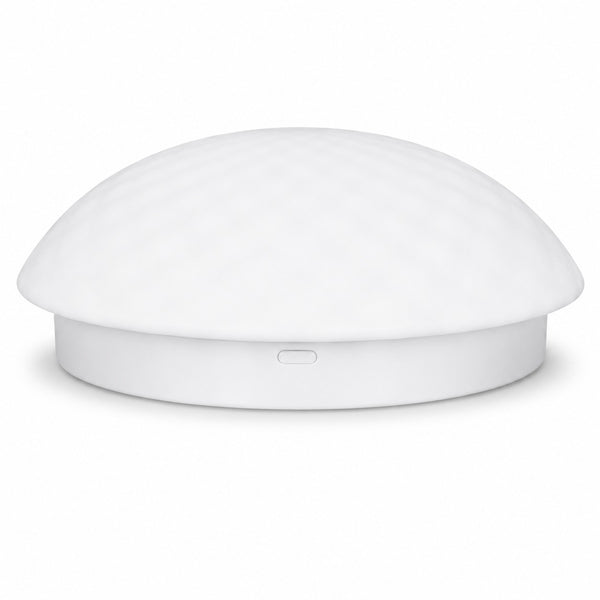 Close-up of a modern white dome ceiling light illuminated with soft, even lighting.