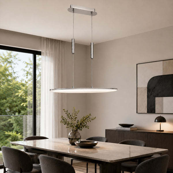 A modern linear pendant light with a wide horizontal oval shade and slim cylindrical hanging rods, shown lit in a contemporary dining room setting.
