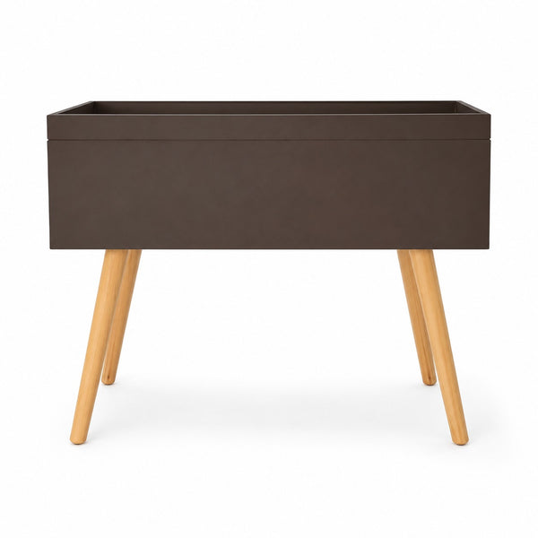 A modern rectangular storage bench or side table with a dark brown faux-leather top and four light natural wood legs, shown against a plain white background.