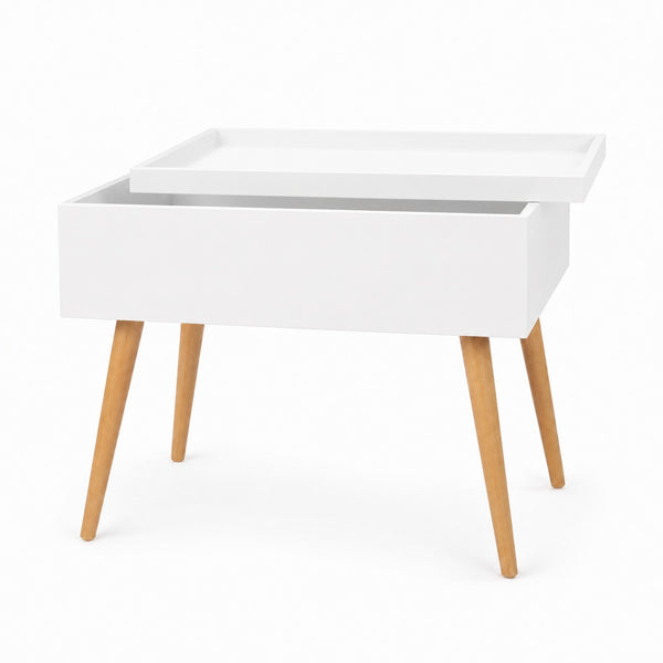 A modern white storage table with a lift-top tray and tapered light wood legs, shown on a clean white background.