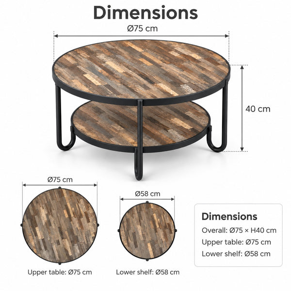 A round two-tier coffee table with a rustic wood-grain top and black metal legs, shown with dimension callouts and inset circular views of the tabletop sizes on a white background.