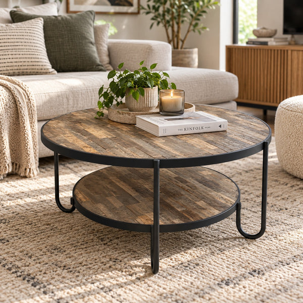 Round coffee table with a rustic wood top and black metal frame, styled in a bright living room with a sofa, plants, and home decor.