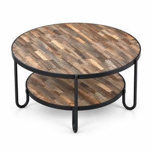 Round coffee table with a rustic multi-toned wood plank top and a black metal frame with a lower shelf, shown on a white background.