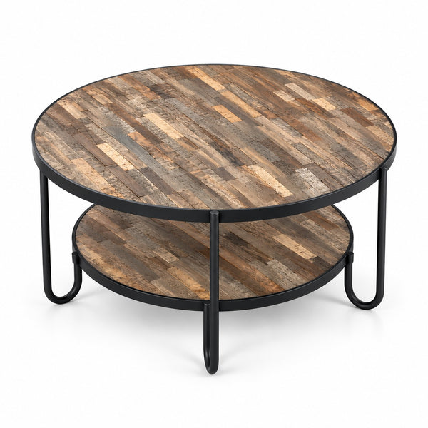Round coffee table with a rustic multi-toned wood plank top and a black metal frame with a lower shelf, shown on a white background.