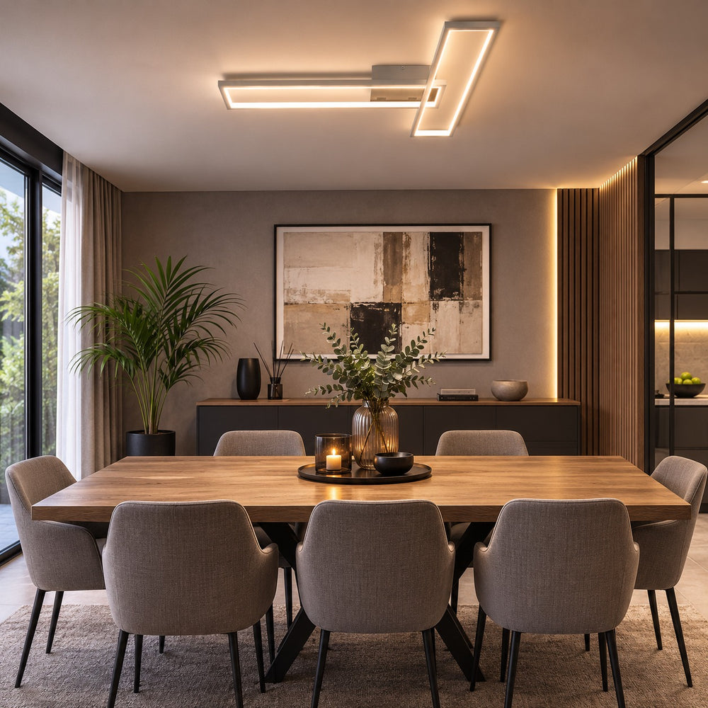 Nino LIMEA geometric LED ceiling light in a modern dining room.
