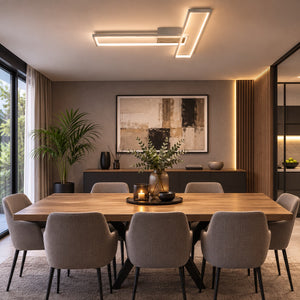 Nino LIMEA geometric LED ceiling light in a modern dining room.
